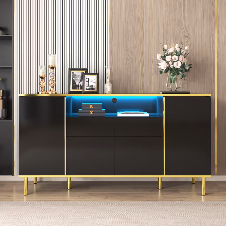 Credenza Merax lucida con illuminazione a LED, cassettiera con cornice dorata, credenza a 4 ante, mobile credenza 150x40x80cm, nero