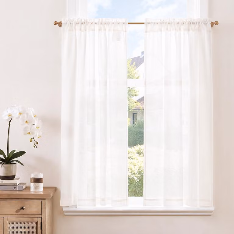 Tende trasparenti in stile moderno, effetto lino, colore bianco, ideali per la cucina. Dimensioni: larghezza 90 cm, altezza 115 cm. Set di 2 tende in stile boho, perfette per finestre in stile rustico o da cucina