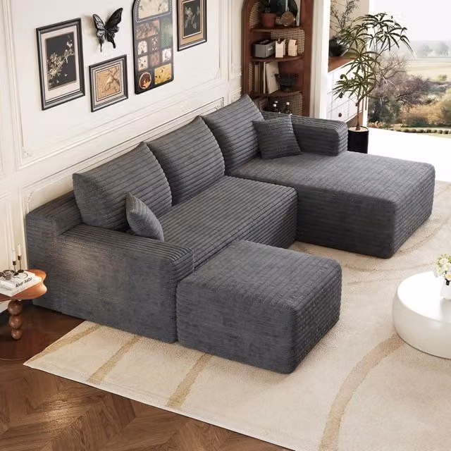 Divano angolare modulare 241x151x58 cm; divano effetto nuvola con seduta profonda; consegnato montato; velluto a coste; grigio