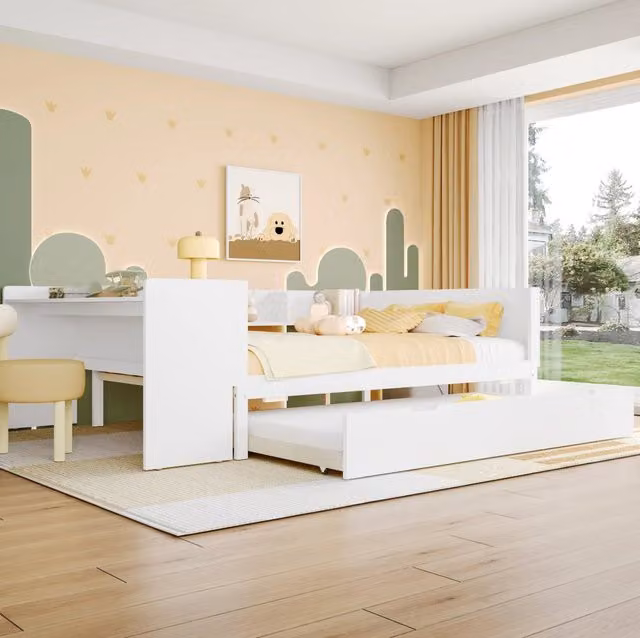 Letto 140x200 cm con scrivania; letto estraibile e ripiani in legno e MDF bianco