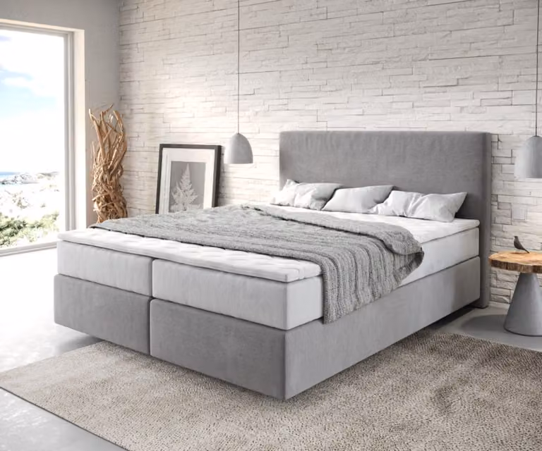 Letto boxspring DELIFE Dream-Well 160x200 cm in microfibra grigia con materasso TFK e topper in viscoelastico