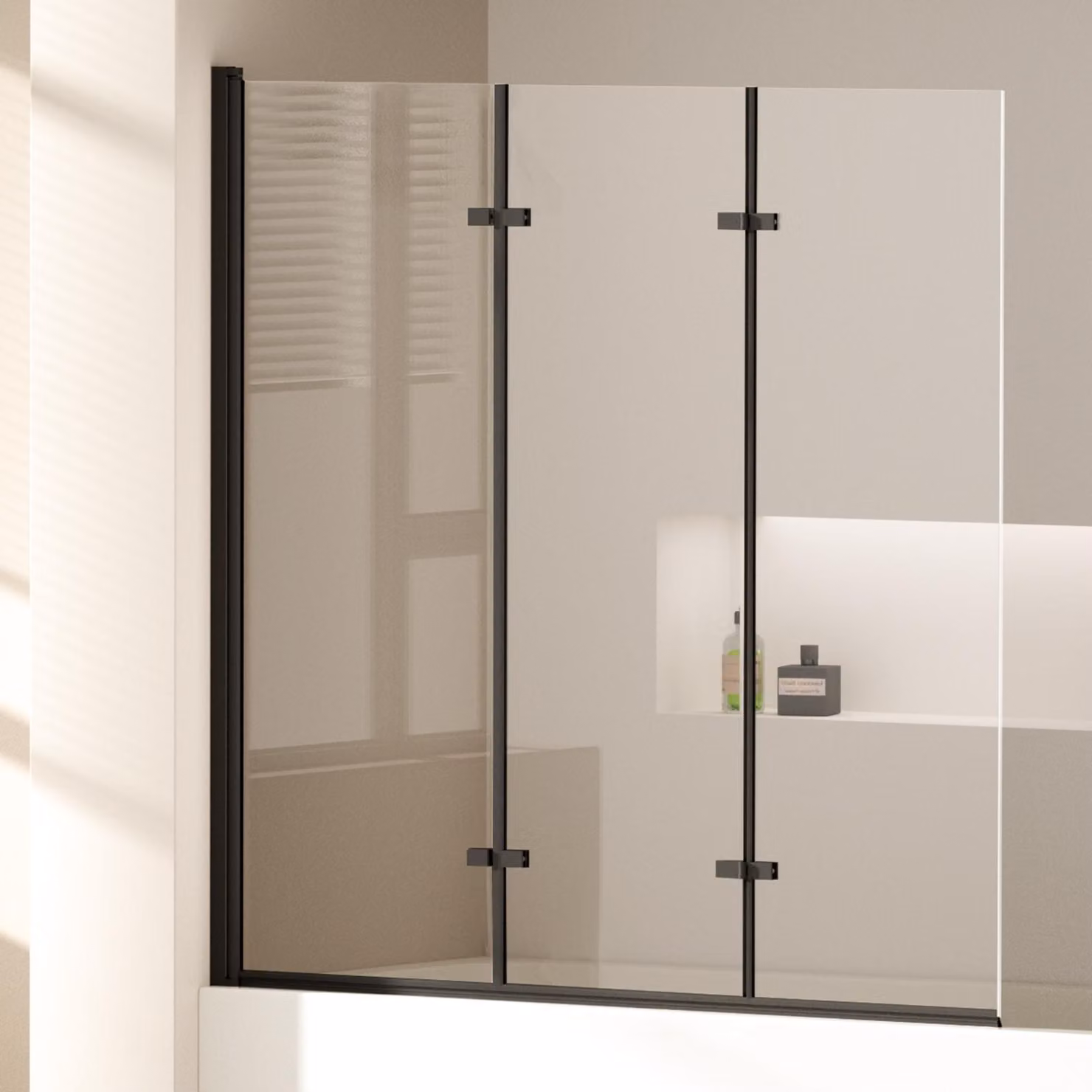 EMKE Cabina doccia 130 x 140 cm Telaio nero opaco Schermo pieghevole per vasca da bagno Vetro di sicurezza ESG nanorivestito Schermo doccia Vetro per vasche da bagno