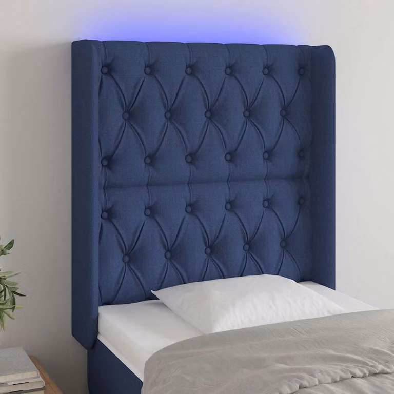 Testiera per letto con illuminazione LED e porta USB vidaXL in tessuto blu, L 83 cm, P 16 cm, H 118-128 cm