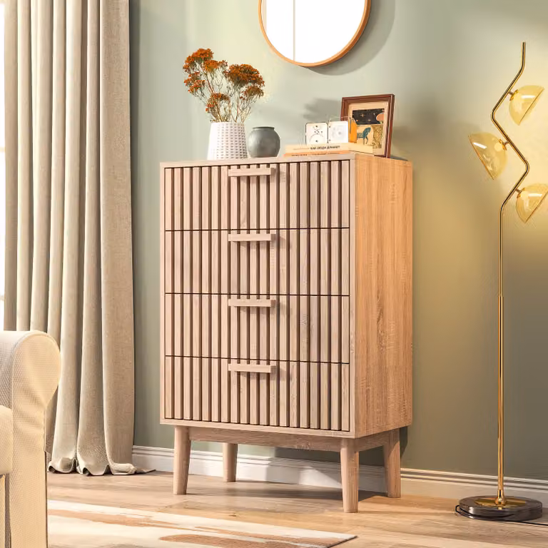 CDGlobal Cassettiera in rattan naturale per camera da letto, cassettiera con 4 cassetti in legno di quercia, molto spazio per riporre gli oggetti, cassettiera in legno per camera da letto, cassettiera per soggiorno e corridoio