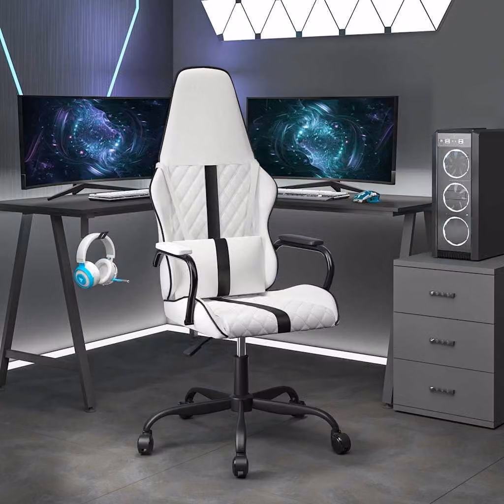 Sedia da Gaming vidaXL in Similpelle Bianco e Nero con Braccioli e Ruote, Ruotabile a 360 Gradi