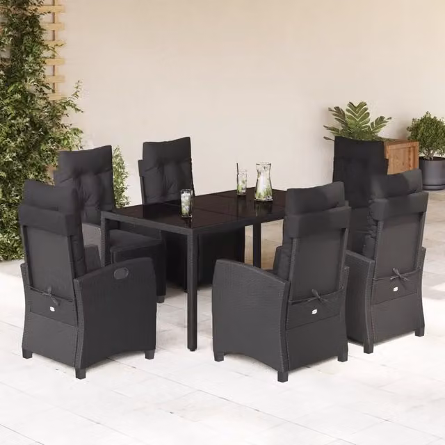 Set da pranzo da giardino vidaXL in polyrattan nero con cuscini e tavolo in vetro per 7 persone – 1