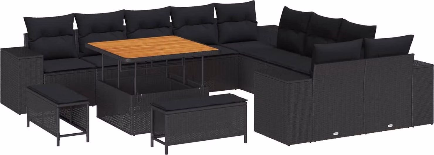 Set Divano da Giardino con cuscino 13 pcs Nero polyrattan