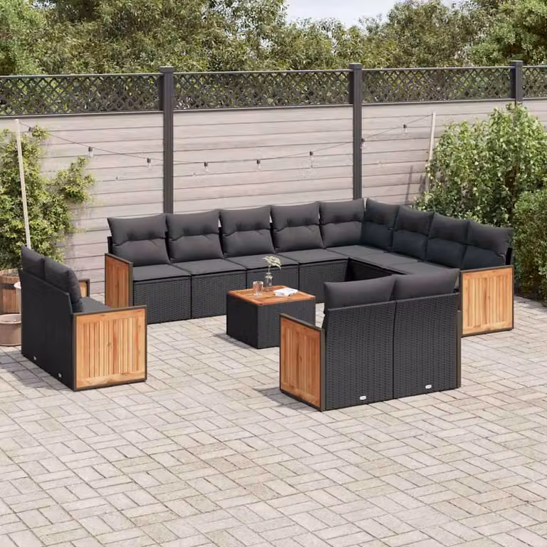 vidaXL Set Divani da Giardino a Forma di U in Polyrattan Nero con Cuscini e Tavolino da Caffè