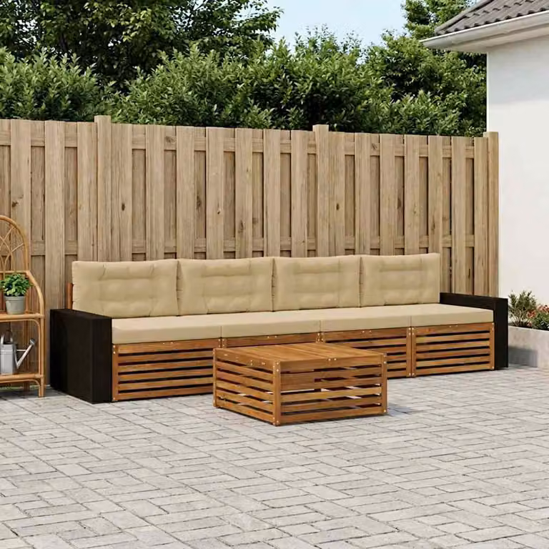vidaXL Set di divani da esterno 5 pezzi in legno di acacia con tavolino e cuscini, Beige e Sabbia