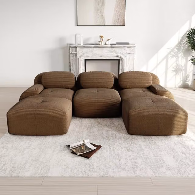 Divano Modulare a U Minimal Braun Marrone con Braccioli Larghi e Rivestimento in Velluto Antimacchia