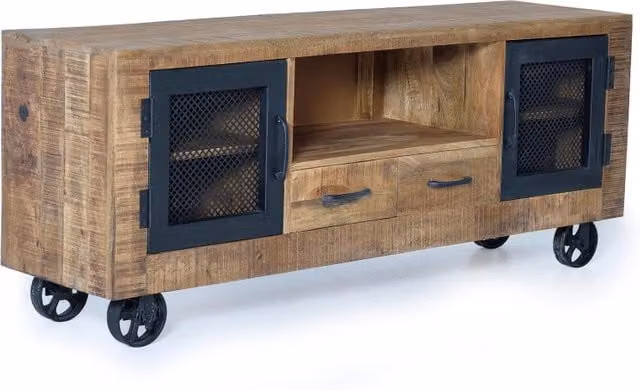 Mobile TV in legno di mango con 2 ante e 2 cassetti stile industrial Giner y Colomer, marrone e nero, L: 150 cm, P: 38 cm, H: 60 cm – 1