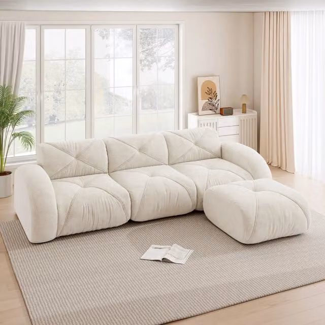 Divano modulare a L Mivray beige con schiuma 32D e cuscini coordinati