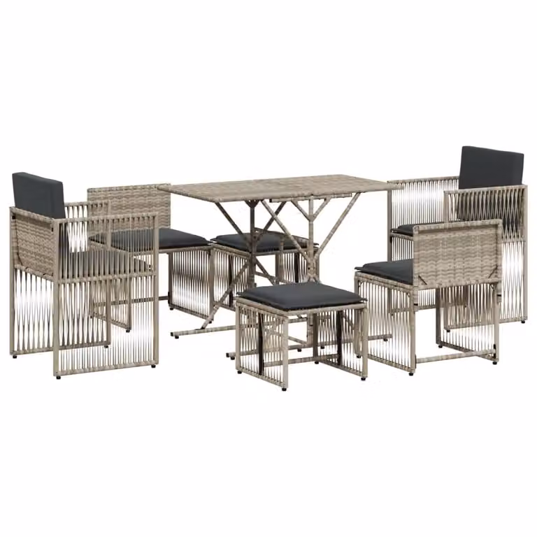 Set da Pranzo da Giardino 7 pz Cuscini Polyrattan Grigio Chiaro