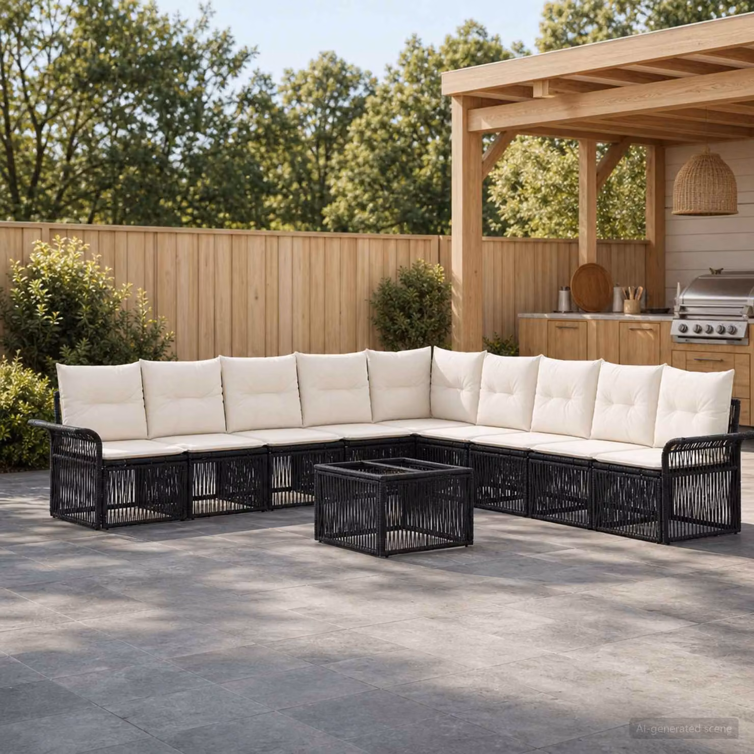 Set Divano da Giardino vidaXL 10 Pezzi a Forma di L con Tavolino, Polyrattan e Metallo Nero
