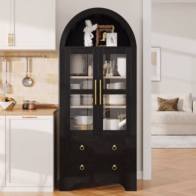 Highboard nero con ripiani regolabili, cassetti e ante in vetro trasparente. Ampio contenitore ideale per cucina, sala da pranzo e soggiorno