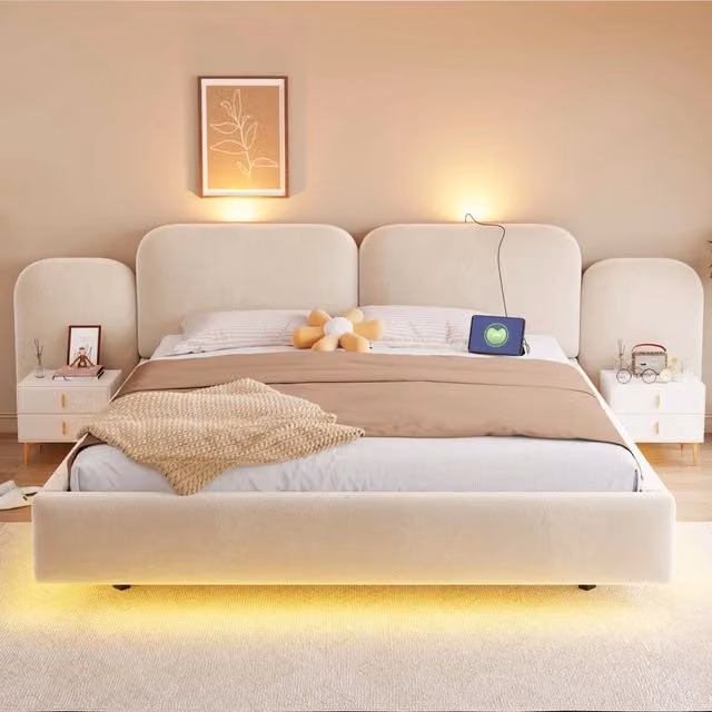 Letto Matrimoniale 180x200 cm Contenitore Idraulico in Velluto Beige con LED RGB e Prese USB