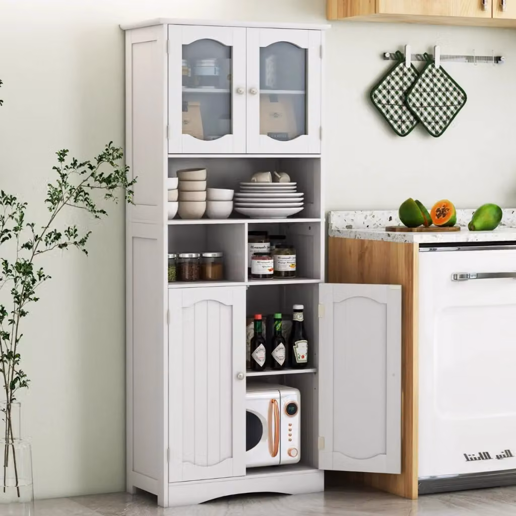 Mobile autonomo DESIGN IN bianco con ante in vetro e ripiani interni per bagno, cucina o soggiorno, Altezza: 148,5 cm – 2
