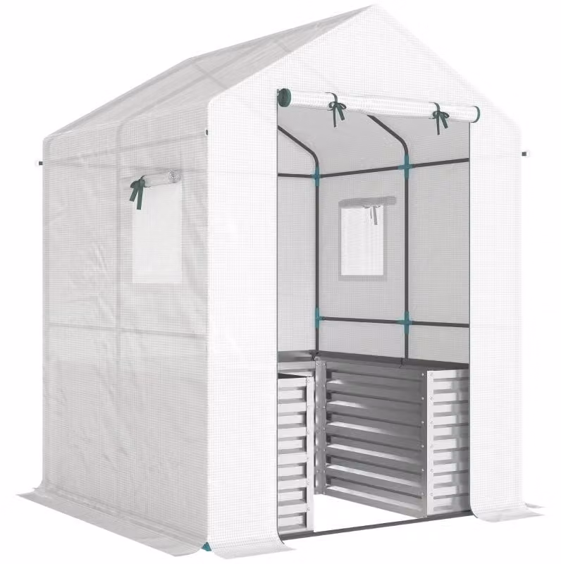 Serra Moonbite per pomodori, dimensioni 141 x 141 x 190 cm, con aiuola rialzata, serra in plastica con porta a rullo e finestra, copertura in polietilene da 135 g/m², acciaio, colore bianco