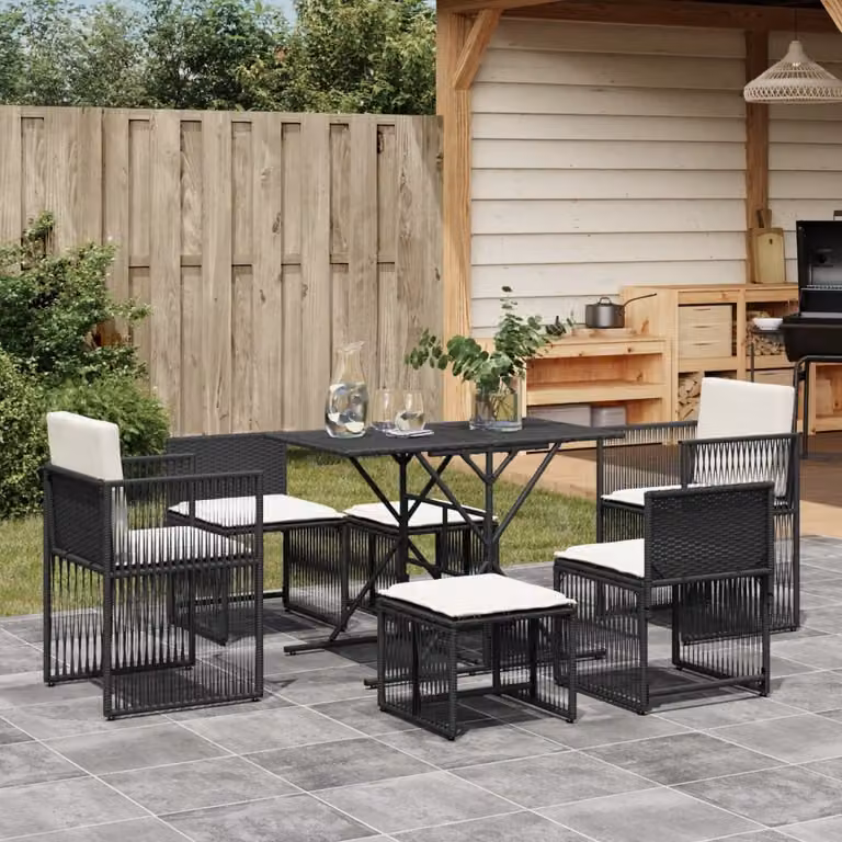 Set da pranzo da giardino vidaXL in polyrattan nero con 7 pezzi e cuscini