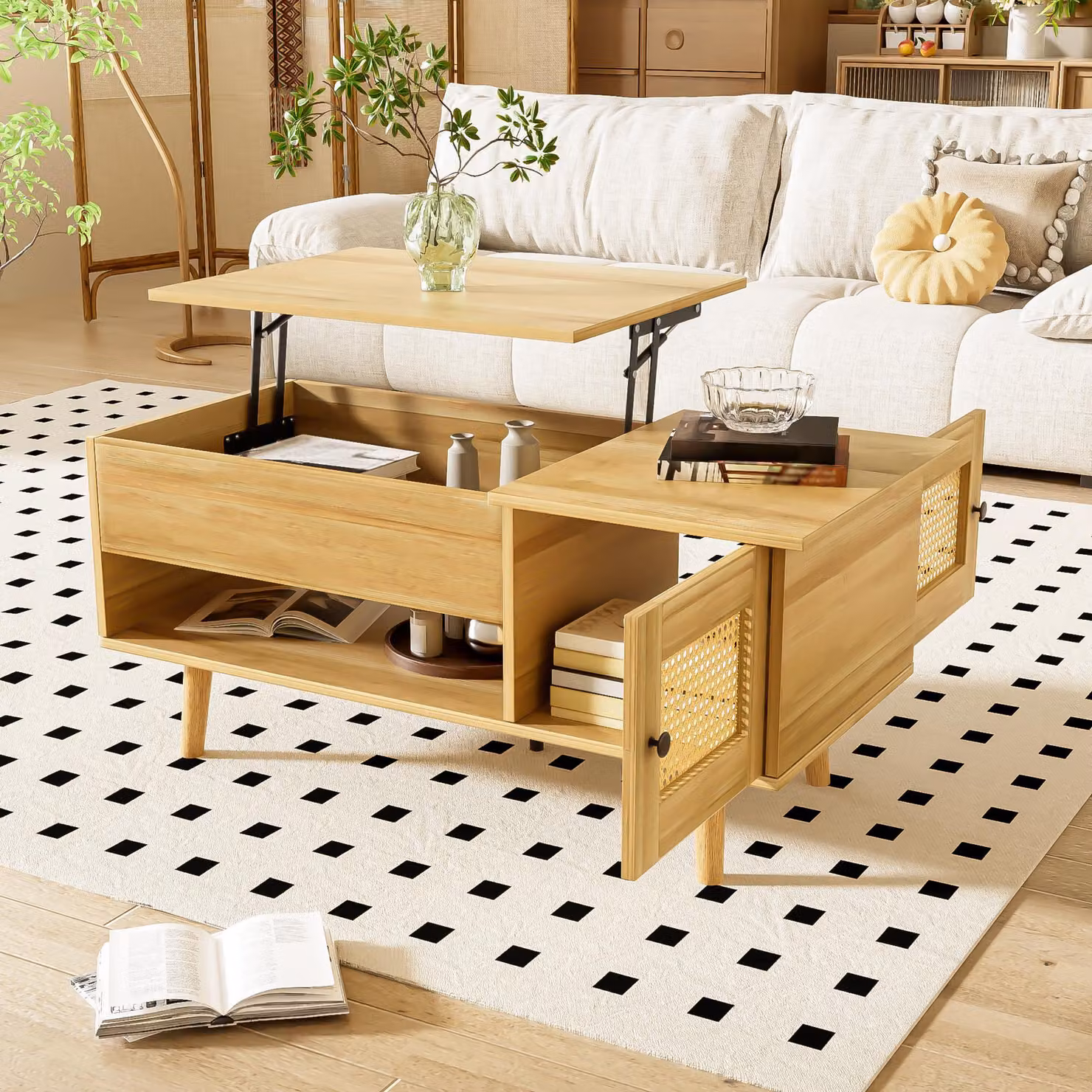 Sweiko Elegante tavolino da caffè con piano sollevabile e ante in rattan, colore legno con accenti neri, ideale per il soggiorno - Pratico spazio di archiviazione e design funzionale