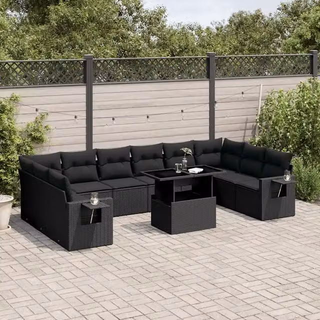 Set di Divani da Giardino vidaXL 11 Pezzi in Polyrattan Nero con Cuscini e Tavolino da Esterno a Forma di L – 1