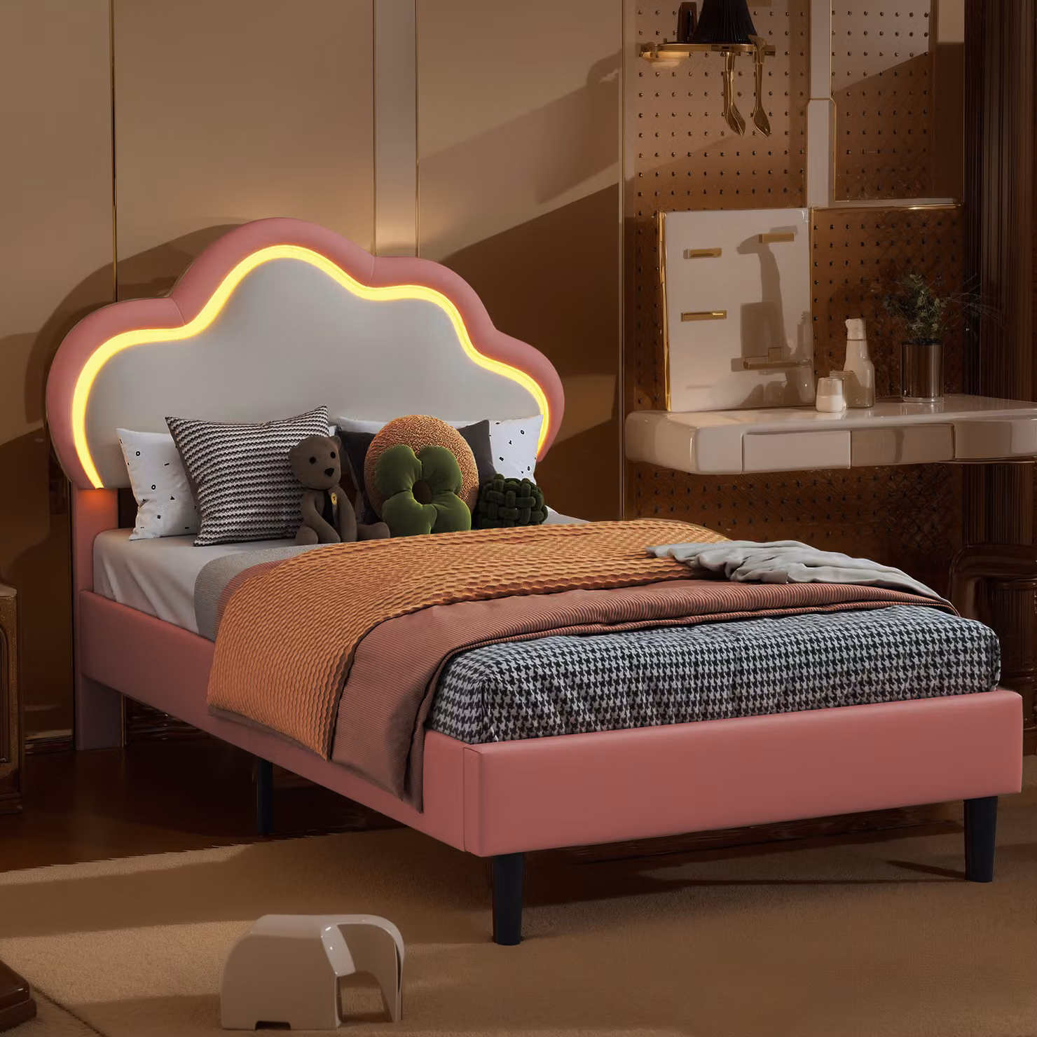 Letto a una piazza e mezza Moonbite, 90x200 cm – Testiera Kronen con LED, regolabile in altezza, rete a doghe, ecopelle, rosa