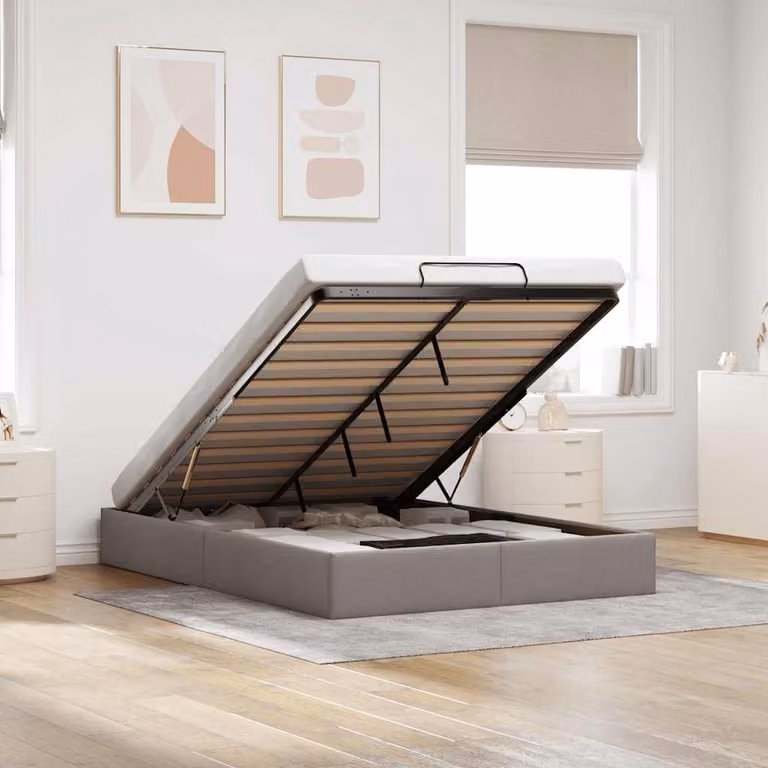 vidaXL Struttura Letto con Contenitore a Sollevamento, Rivestimento in Tessuto, Colore Tortora, L/P/H: 140 x 190 x 23,5 cm