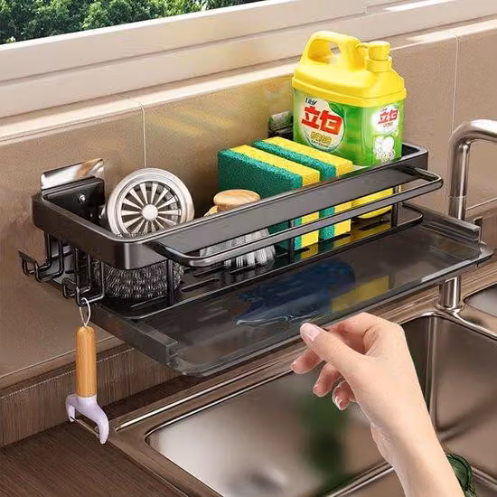 Portaoggetti da cucina con supporto per lavello e cestino per i rifiuti - Supporto per lavello da cucina con portastoviglie e due ganci
