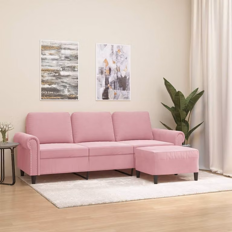 vidaXL Divano a 3 Posti in Velluto Rosa con Poggiapiedi Coordinato, Design Moderno per Soggiorno, L: 212 cm x P: 80 cm x H: 77 cm
