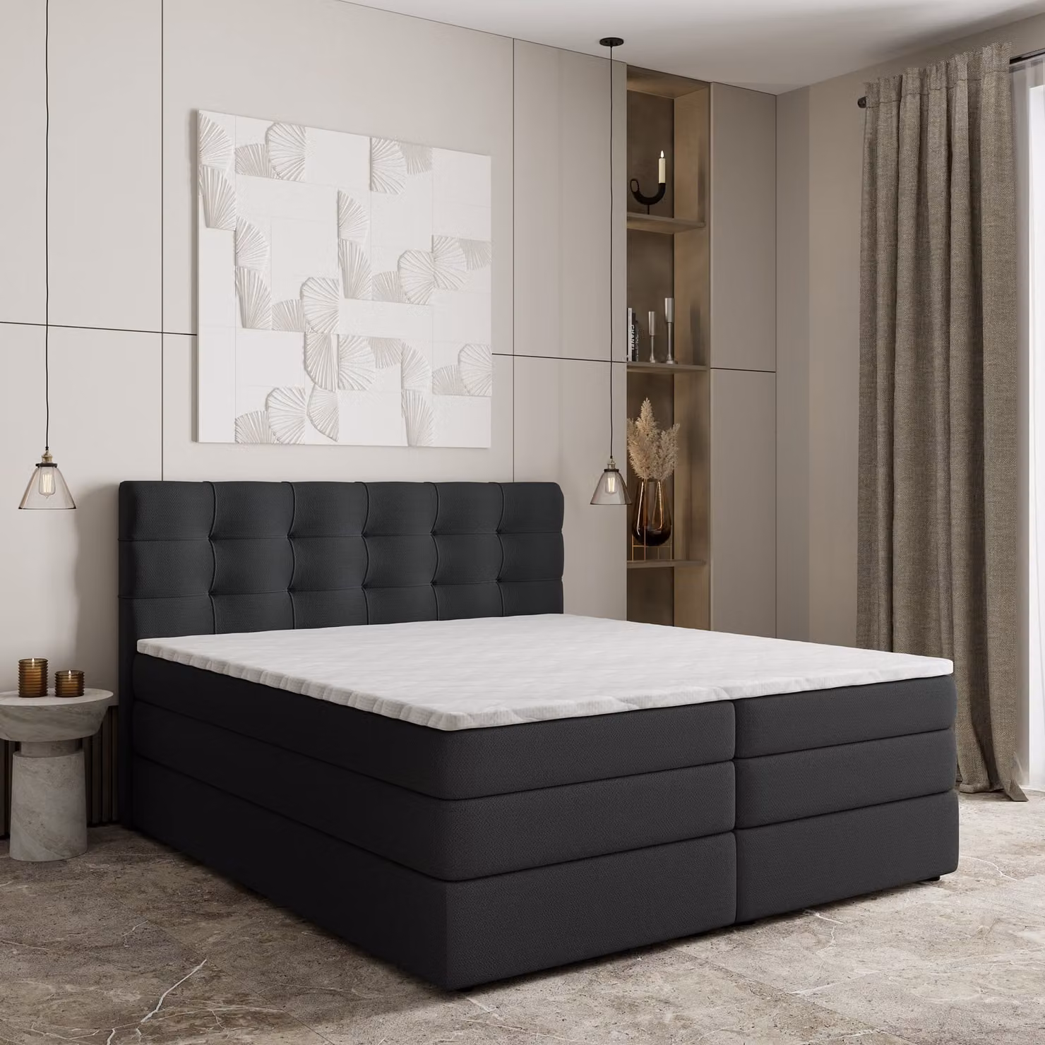 Letto a molle Masseno AREZI 160x200 cm completo di materasso e topper Bonell, letto imbottito con cassettiera - nero, SORO 100
