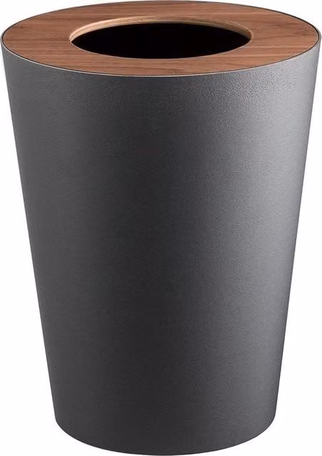 Contenitore di rifiuti rotondo 7 litri nero acciaio-legno design minimalista 23 x 23 x 28 cm (l x b x h)