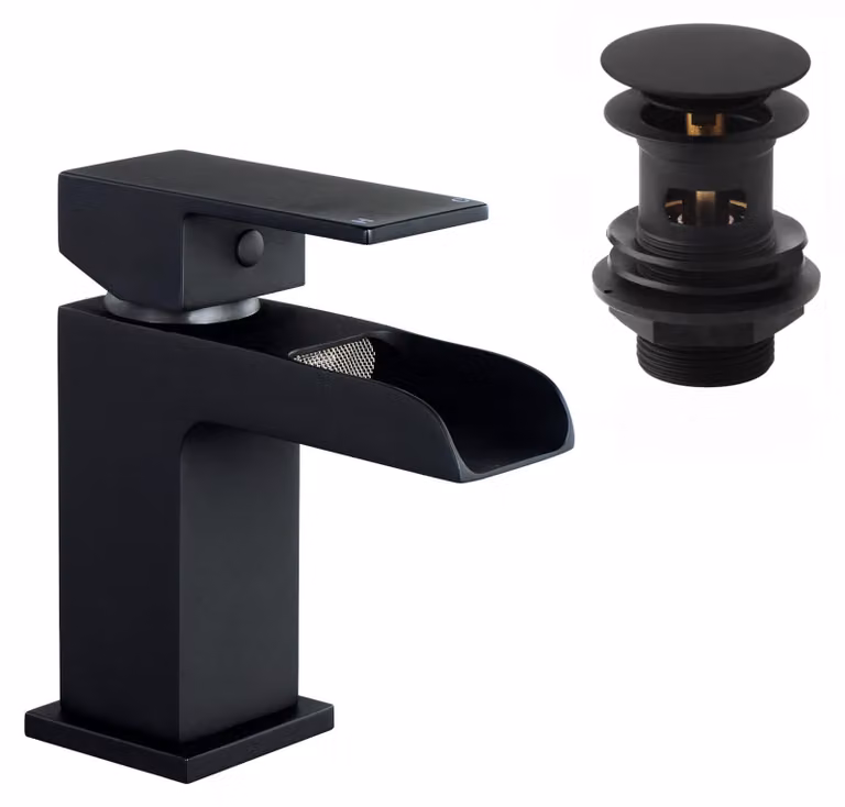 Miscelatore per lavabo a cascata, nero, quadrato, con troppofilo