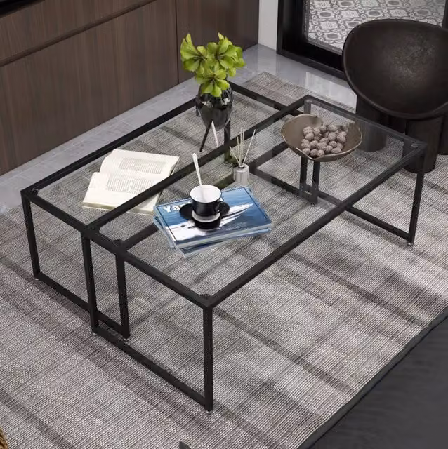 Set 2 tavolini da salotto ULEVR in vetro temperato e acciaio nero, impilabili, 119x56x44,5 cm