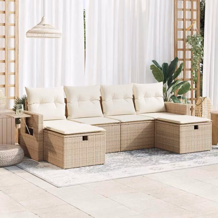 Set Divano da Giardino L-Shape vidaXL in Polyrattan Beige con Cuscini e Ottoman, 6 Pezzi