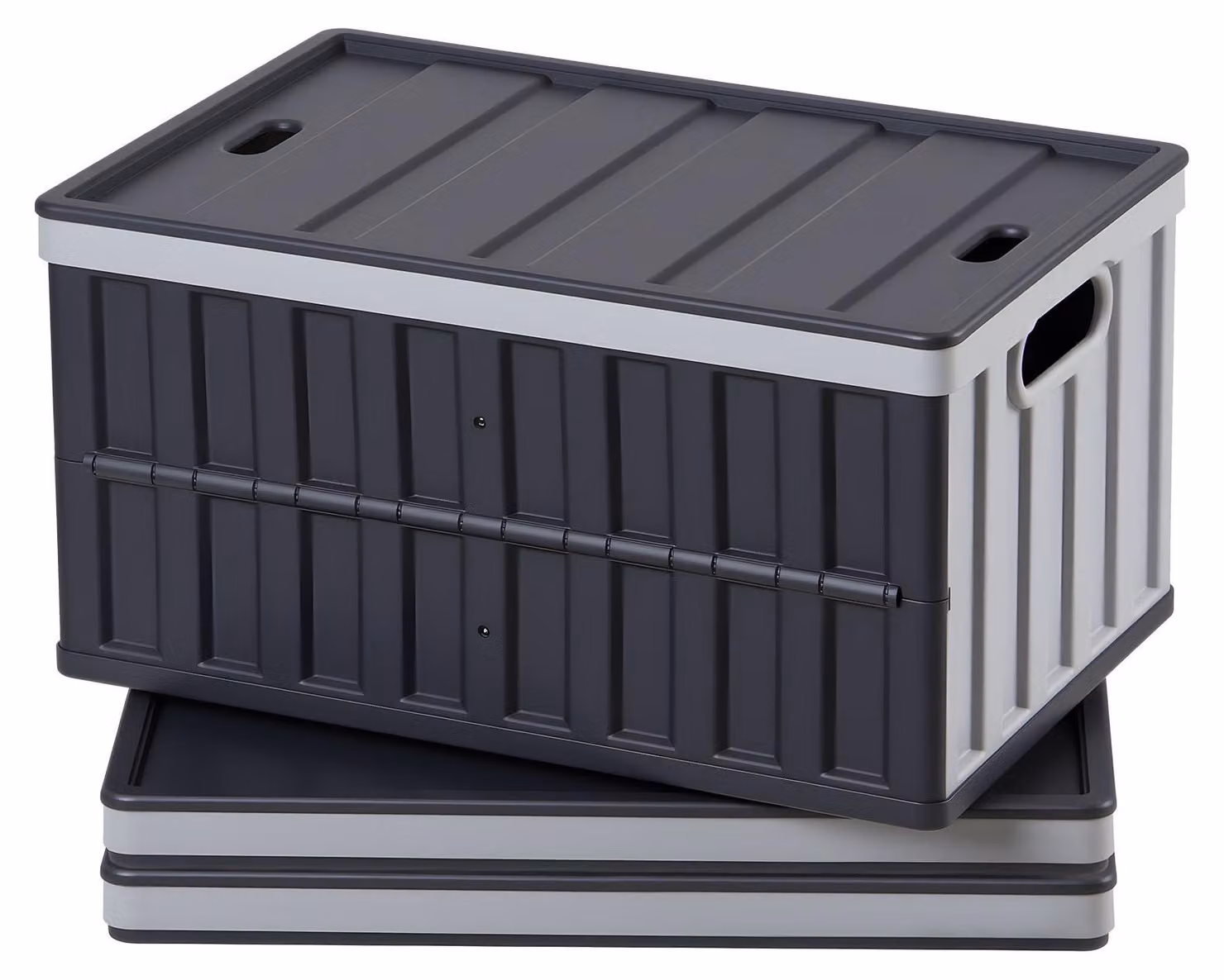 Set di 3 contenitori pieghevoli SucceBuy da 65 L, contenitori pieghevoli in plastica con coperchio, cestini impilabili, portata massima di 38 kg per contenitore, pratici contenitori pieghevoli per la casa e l'organizzazione, grigio e nero