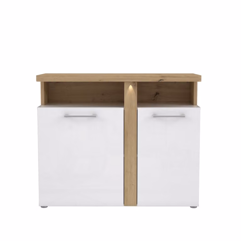 Cassettiera >TULUZA< in bianco lucido / decoro rovere Artisan - 103,5x85,9x43,4cm (LxAxP)