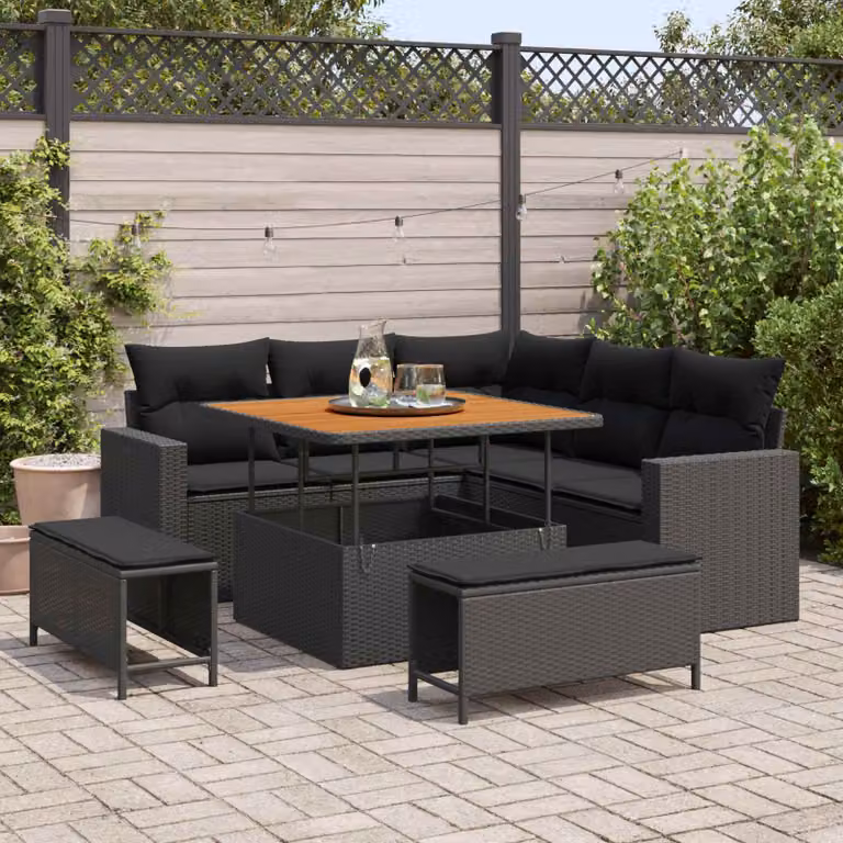 Set Divano da Giardino vidaXL 9 Pezzi con Cuscini Nero in Polyrattan e Acciaio con Tavolino e Ottoman per 6 Persone