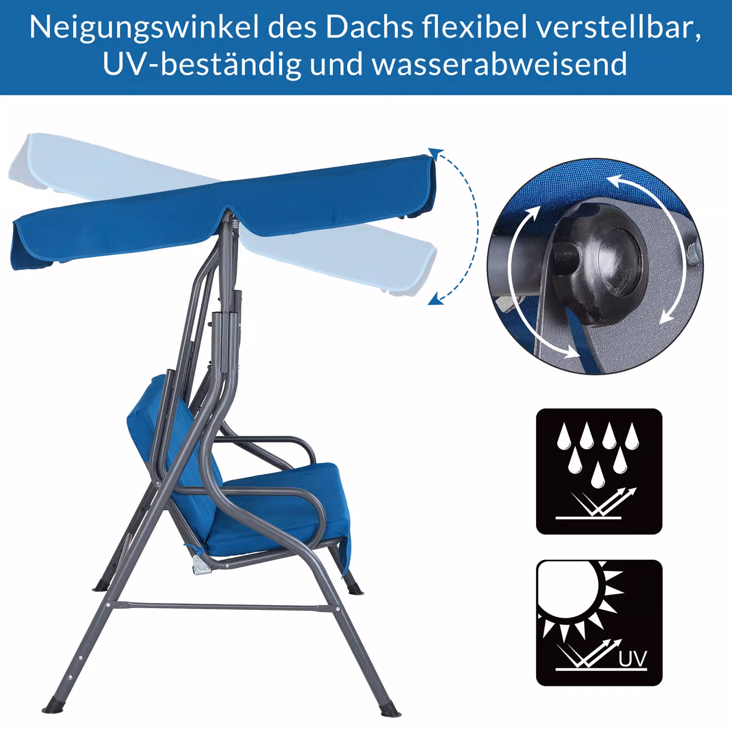 Dondolo da giardino Hollywood Casaria azzurro con tendalino parasole in poliestere resistente ai raggi UV e struttura in acciaio verniciato a polvere L/P/H: 200 x 150 x 112 cm – 3