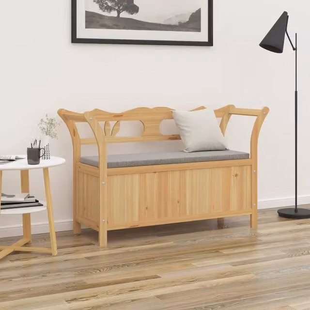Panca rustica vidaXL in legno massello di abete con braccioli e seduta in tessuto beige L: 107 cm, P: 45 cm, H: 75,5 cm