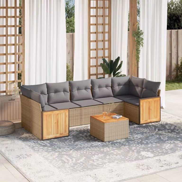 Set Divano da Giardino vidaXL 8 pz a L con Cuscini Beige e Ottoman in Polyrattan e Legno di Acacia