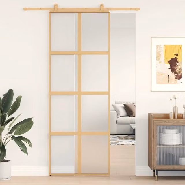 Porta Scorrevole vidaXL in Alluminio e Vetro Smerigliato Dorata L: 76 cm, H: 205 cm