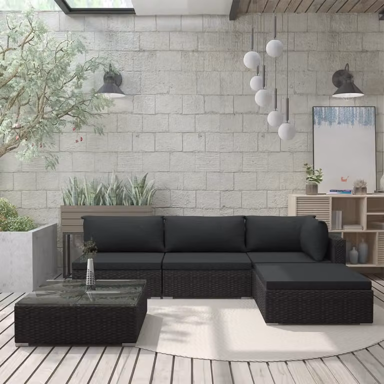 The Living Store Set da giardino 5 pezzi con cuscini in poly rattan nero