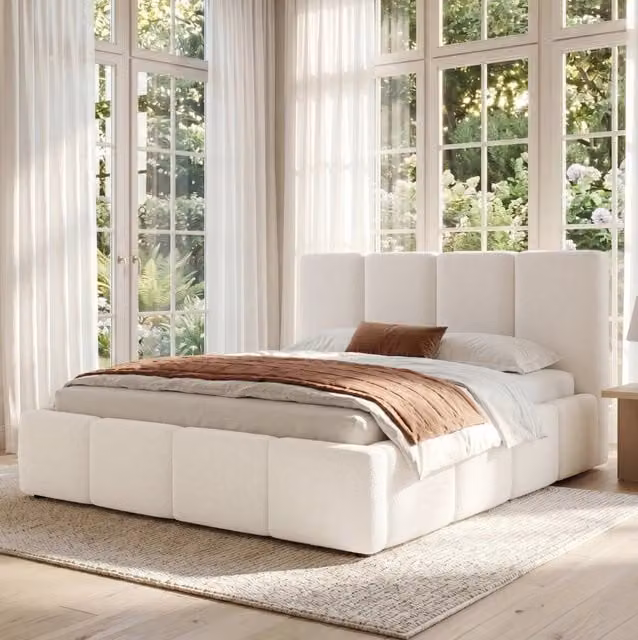 Letto imbottito 180x200 cm con rete a doghe e testiera rivestita in boucl¨¦ beige