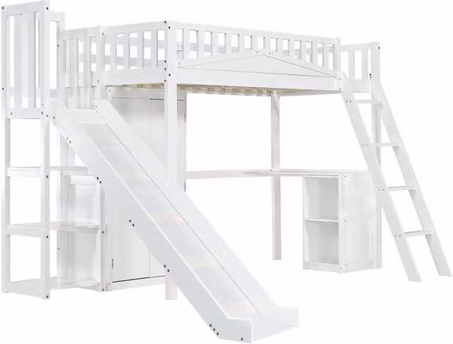 Letto a castello per bambini con scivolo, scrivania e armadio, struttura in pino, MDF e compensato, bianco, 90x200 cm