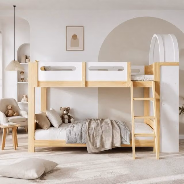 Letto a castello per bambini 90x200 cm con scaffale a 3 livelli; scala e sponde; bianco e naturale