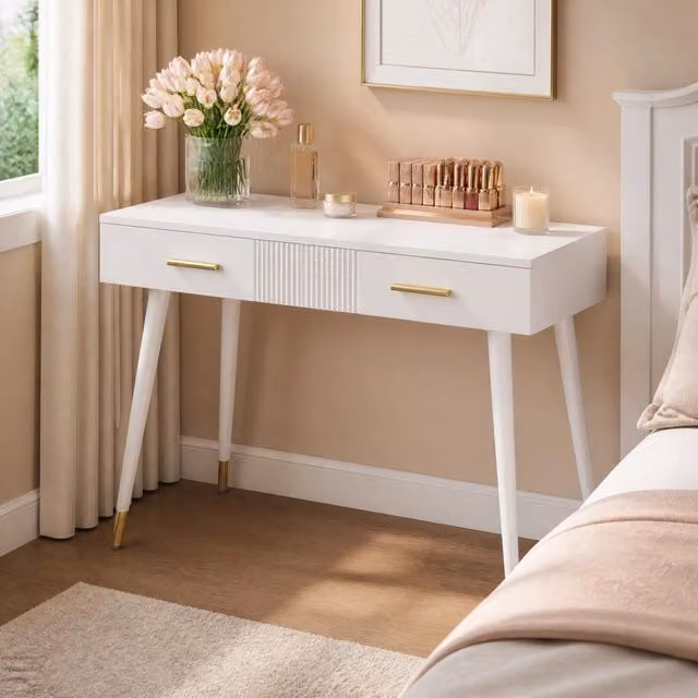 Tavolo da trucco bianco con 2 cassetti e gambe in metallo