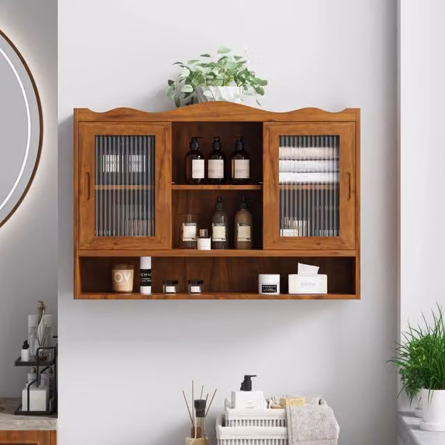 Mobile pensile ULEVR 90x20x60 cm con 2 ante scorrevoli, 3 ripiani removibili, legno massello e vetro marrone