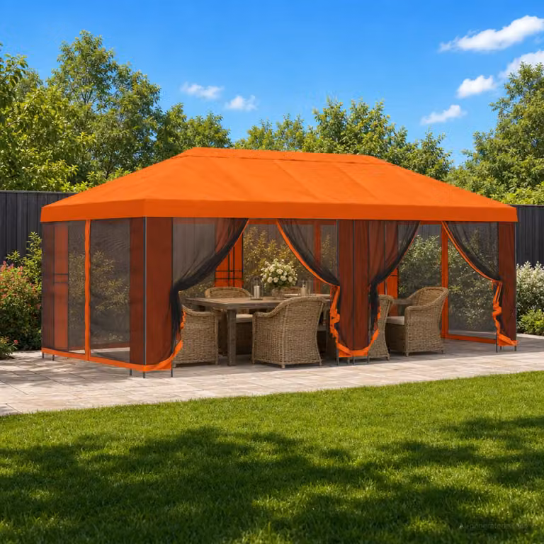 vidaXL Gazebo da giardino con pareti laterali in acciaio e poliestere, Arancione e Nero, L: 600 cm, P: 300 cm, H: 276,5 cm