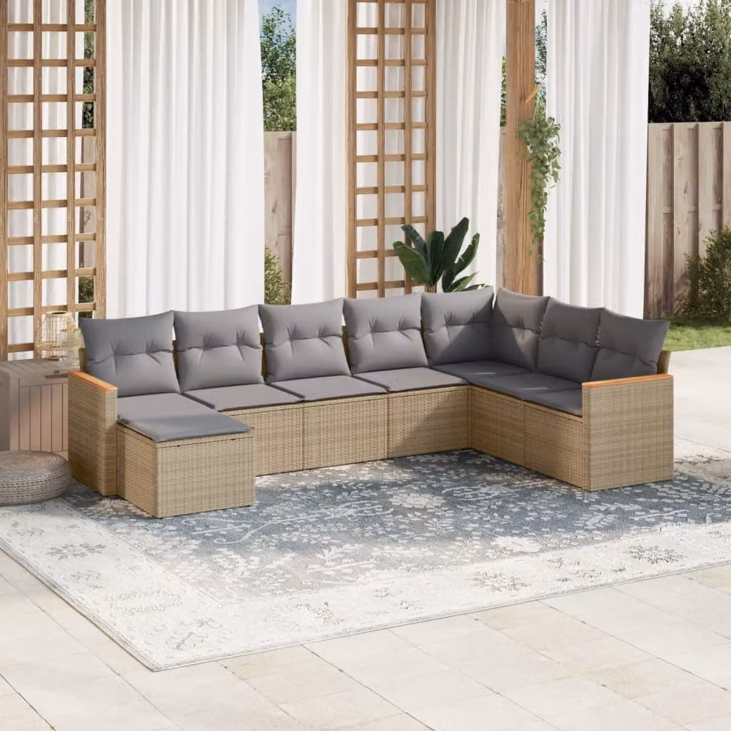 vidaXL Set Divano da Giardino a L 8 pz in Polyrattan con Cuscini Beige e Grigio e Struttura in Acciaio Verniciato a Polvere – 1