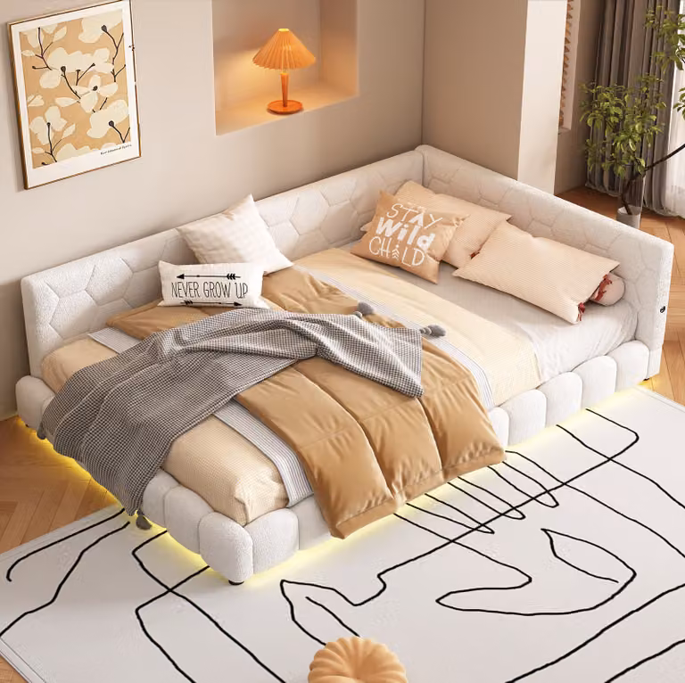 Letto imbottito Merax 140x200cm con LED e connessione USB, letto da giorno con rete a doghe, divano letto in peluche, letto funzionale letto matrimoniale letto per bambini bianco